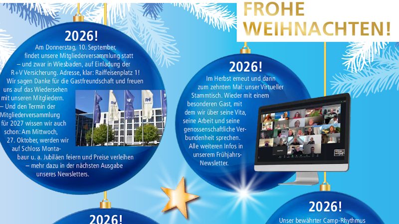 Das Bild zeigt einen Ausschnitt aus dem Newsletter mit blauen Christbaumkugeln und dem Wunsch Frohe Weihnachten.