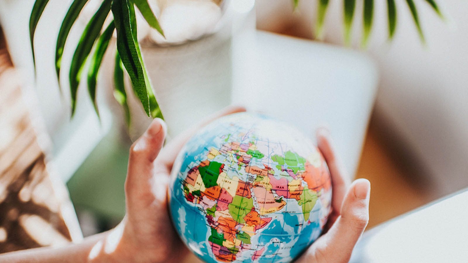 Das Bild zeigt ein Paar Hände, die einen kleinen Globus halten. Der Globus ist farbig gestaltet und stellt verschiedene Länder und Kontinente mit ihren jeweiligen Grenzen dar. Wahrscheinlich zeigt er den afrikanischen Kontinent aufgrund der erkennbaren geografischen Formen. Im Hintergrund sind vage Pflanzen zu erkennen, was eine Verbindung zur Natur und der Erde schafft, die durch das Symbol eines Globus akzentuiert wird. Dieses Motiv kann verschiedene symbolische Bedeutungen haben, darunter:
1. **Globales Bewusstsein**: Die Darstellung von Händen, die die Erde halten, kann das Gefühl hervorrufen, dass wir alle Verantwortung für unseren Planeten und die darauf lebenden Gemeinschaften tragen.
2. **Umweltschutz**: Die Verbindung zwischen Händen (menschliches Handeln) und Natur (Pflanzen) im Bild kann auf die Wichtigkeit des Schutzes unserer Umwelt hinweisen.
3. **Vielfalt und Einheit**: Die unterschiedlichen Länderfarben symbolisieren den Reichtum an Kulturen, während die Hände die Einheit und den gemeinsamen Schutz unterstreichen.
4. **Bildung und Wissen**: Ein Globus kann auch für Bildung und das Streben nach Kenntnissen über unsere Welt und ihre Dynamiken stehen.
Diese Interpretation des Bildes kann je nach Kontext und persönlichem Hintergrund variieren.